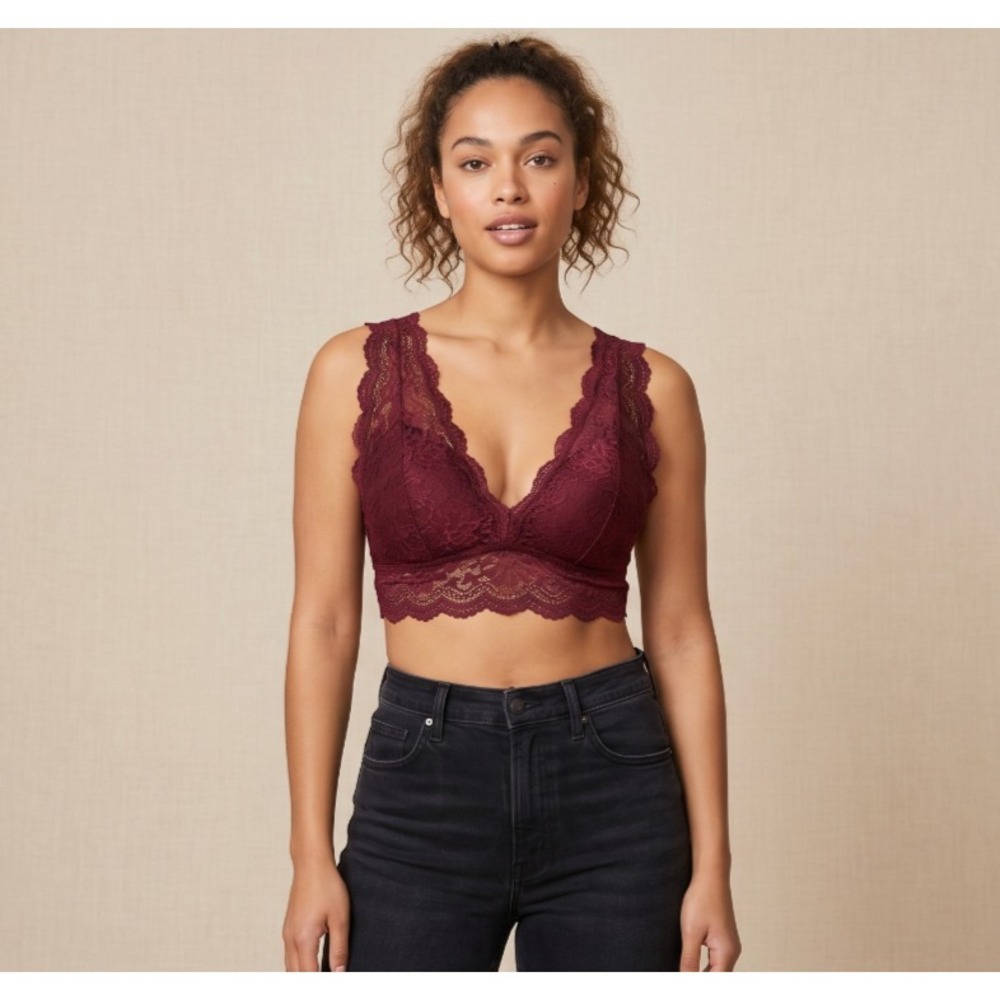 Altar'd State Bralette Bra Womens S Burgundy Floral Lace Lined Crisscross Strap